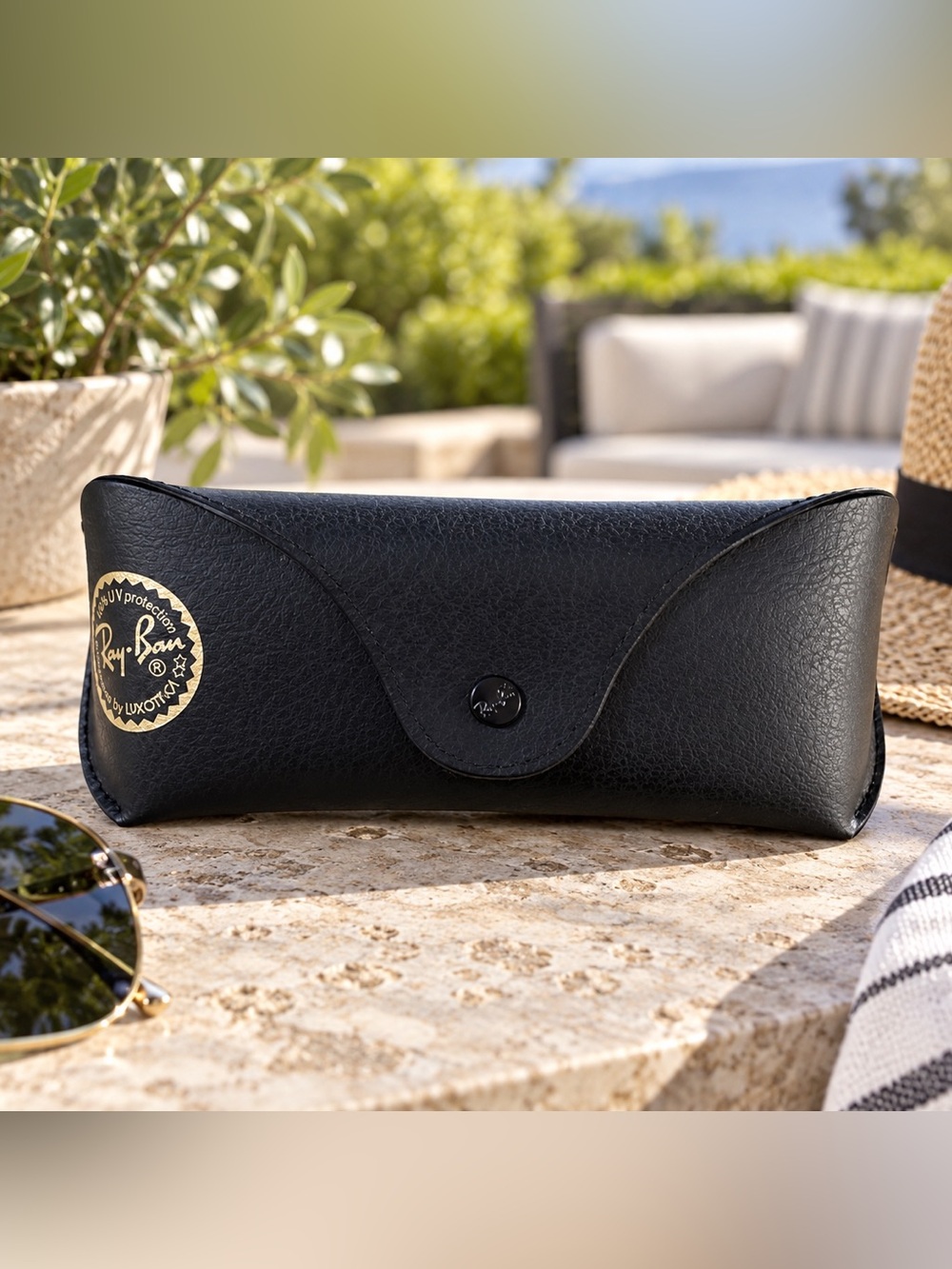 Ray Ban sunglasses case black faux leather snap button closure gold brand seal